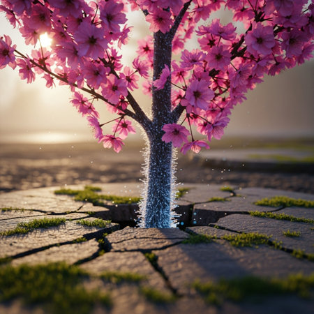 Spring blossom tree with water and sun rays on the background.の素材