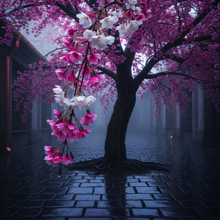 Cherry blossoms in a foggy night. 3D renderingの素材
