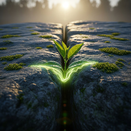 Green sprout growing from a crack in the ground. Conceptual imageの素材