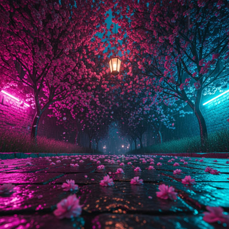 Cherry blossoms in a park at night in Tokyo, Japan.の素材