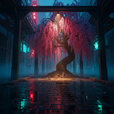 Cherry blossom in the city at night. 3D renderingの素材