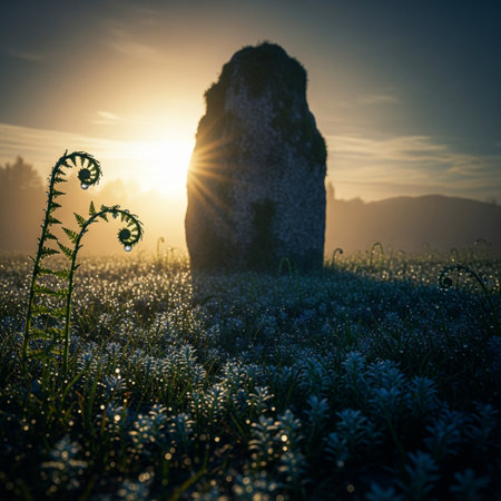 Sunrise in the meadow with grass and ferns.の素材