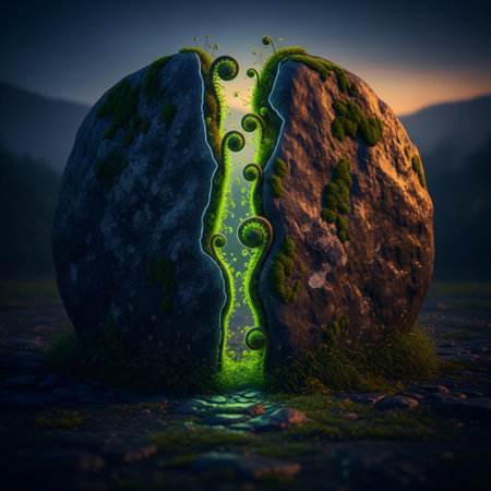 3d render of a section of a stone covered with moss and illuminated by a green lightの素材