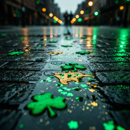 Raindrops on the asphalt in the city. St. Patrick's Day.の素材