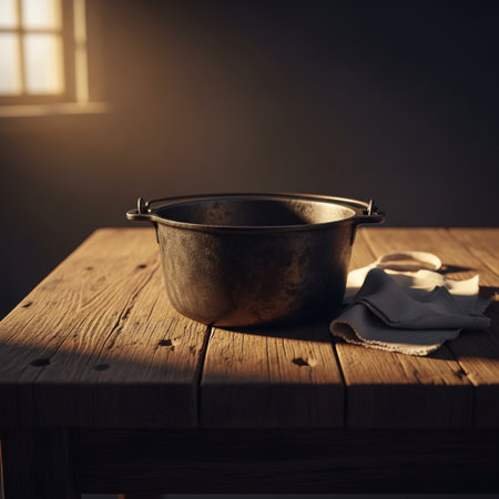 Empty cooking pot on a wooden table in the rays of the sunの素材