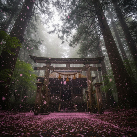 Japanese shrine with pink cherry blossoms in a foggy forest.の素材