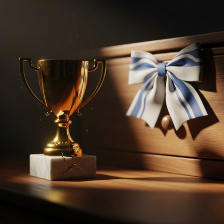 golden trophy and blue bow on wooden shelf with dark background.の素材