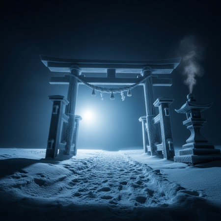 Torii gate in the snow with light and smoke. 3d renderingの素材