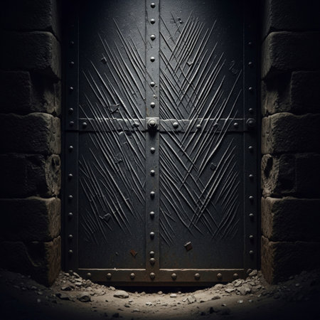 Old metal door with iron hinges in the dark. 3d renderingの素材