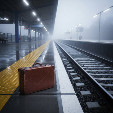 Suitcase on the platform of the railway station in the fogの素材