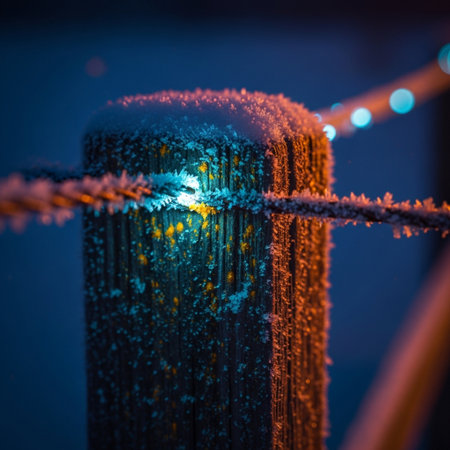 Frozen fence in the winter at night. Selective focus.の素材