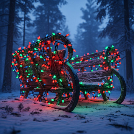 Wooden bench with Christmas lights in the winter forest at night.の素材