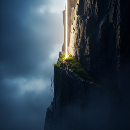 Lonely tree on the edge of a cliff with a light beamの素材