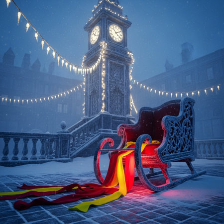Clock tower in winter with red and blue ribbons in front of itの素材