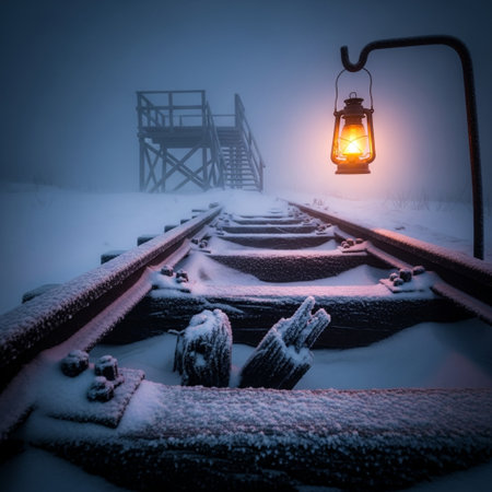 Railway in winter with a lantern and rails covered with hoarfrostの素材