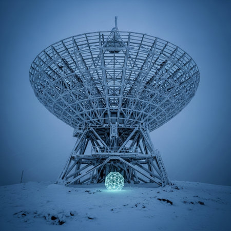 Radio telescope in winter. Blue toned image. 3d renderの素材