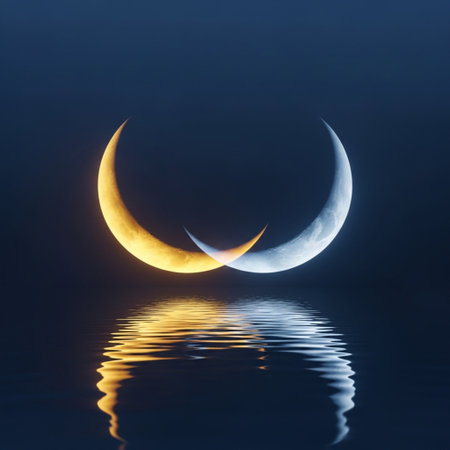 moon in the night sky reflected in the water, 3d renderの素材