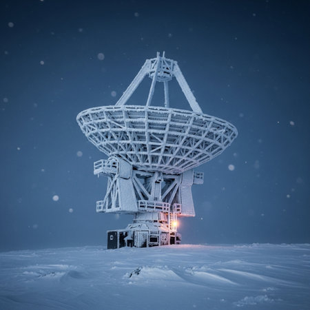 3d render of satellite dish in the winter landscape with falling snowの素材