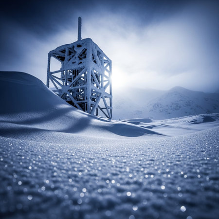 Beautiful winter landscape with a tower in the snow. Toned.の素材