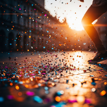 Woman walking on the street in the city at sunset with confettiの素材