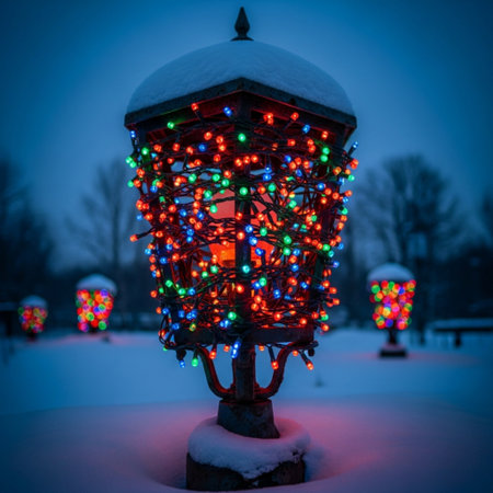 Lantern decorated with colorful Christmas lights in the city park.の素材