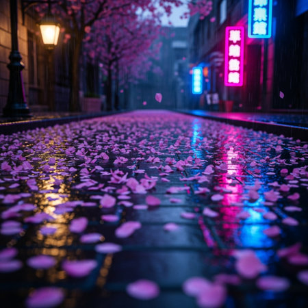Sakura petals fall on the street in the rain at nightの素材