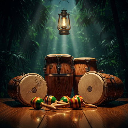 Drums and lantern on a wooden table in the tropical forest.の素材
