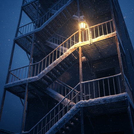 Staircase in the snow at night. Elements of this image furnished by NASAの素材