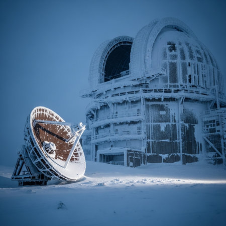 Satellite dish in the snow on the background of an abandoned buildingの素材
