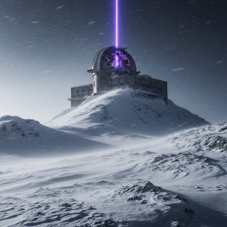 Astronomical observatory in the snowy mountains. 3D renderingの素材