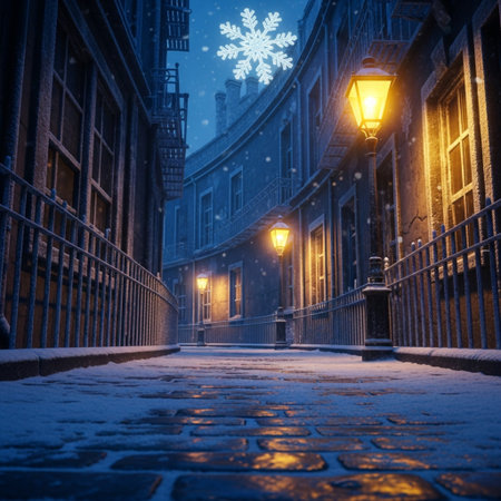 Snowfall on the street in the old city. Winter night.の素材