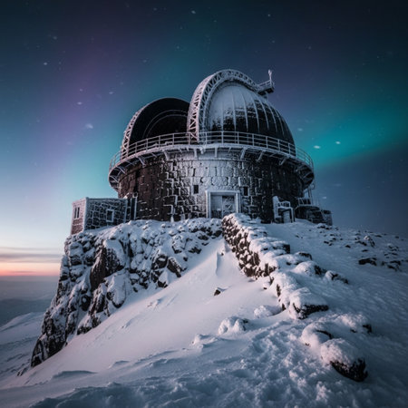 Astronomical observatory at night in the mountains. Winter landscape.の素材