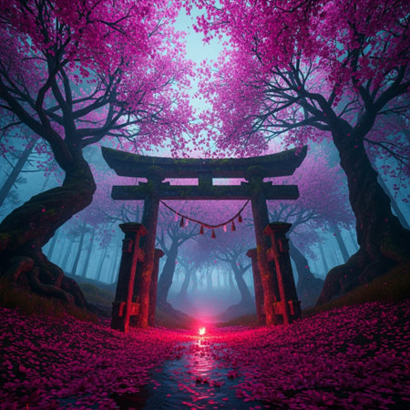 Mysterious Japanese gate with cherry blossoms in a foggy forestの素材