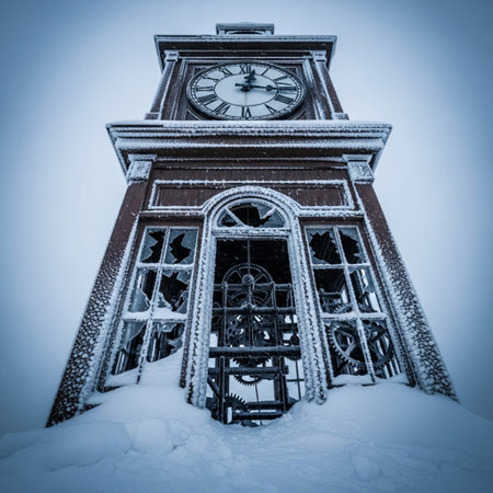 Old clock tower in winter covered with snow. Filtered image processed vintage effect.の素材