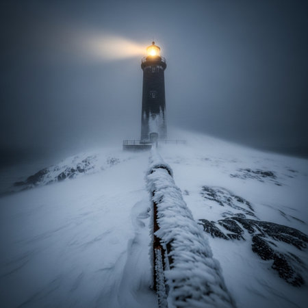Lighthouse at the end of a foggy winter day. Long exposure.の素材