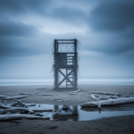 Abandoned wooden watchtower on the beach at low tide.の素材