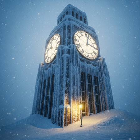 Snow-covered clock tower in the winter. 3d illustration.の素材