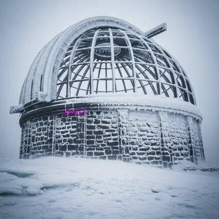 Huge metal dome covered with snow and ice. Cloudy winter day.の素材