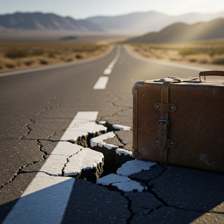 Old suitcase on the road in Death Valley National Park, California, USAの素材