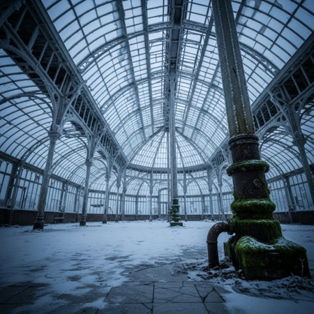Inside of a large greenhouse covered with snow in winter. Toned.の素材