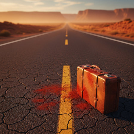 Travel suitcase on the road in the desert at sunset. Conceptual imageの素材