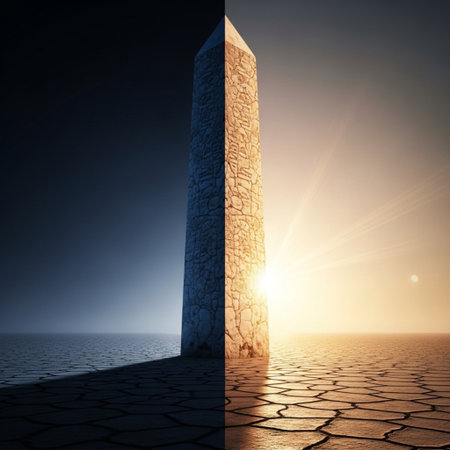 Conceptual 3D illustration of a desert landscape with a large Obeliskの素材