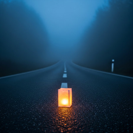 Lonely lantern on the road in the fog. Conceptual imageの素材