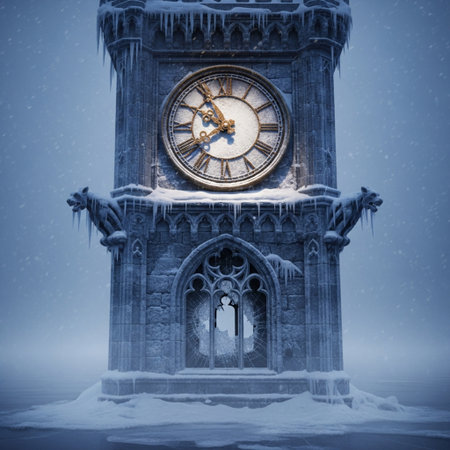 Winter landscape with old clock on snowy background. Toned image.の素材