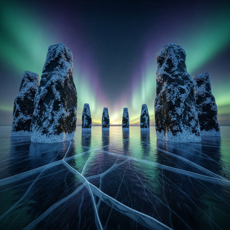 Northern lights in the sky above the sea. 3D rendering.の素材
