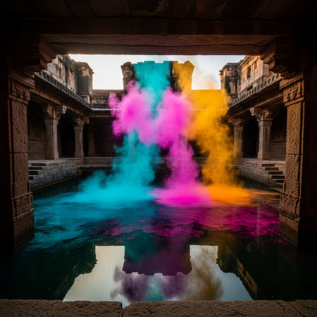 Hindu temple in Hampi, Karnataka, India. Hindu temple with colorful fountainの素材