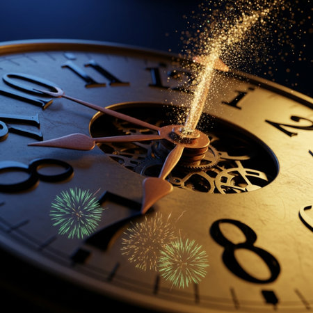 Time is passing concept with clock face and fireworks. 3d renderingの素材