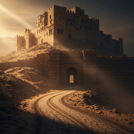 Fantasy landscape of medieval castle in the desert. 3d renderingの素材