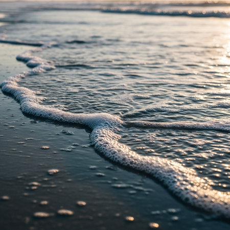 Waves on the beach at sunset, close-up. Nature backgroundの素材