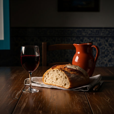 Glass of red wine and bread on a wooden table in the kitchenの素材